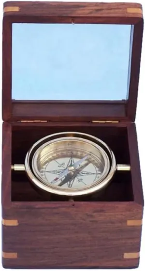 nauticalshoppee Antique Brass 5" Compass with Wooden Case – Vintage Nautical Maritime, Functional Navigation Tool for Hiking, Camping and Travel Use