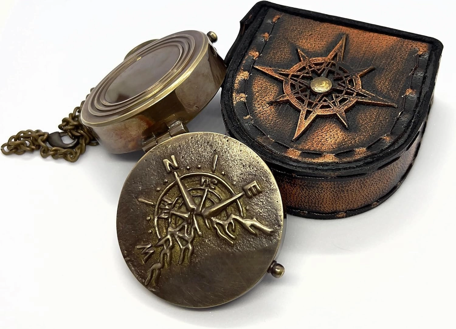 nauticalshoppee Go Confidently Brass Pocket Compass with Chain and Case – Antique Nautical Navigation Instrument for Hiking, Camping, Travel, Survival – Ideal Gift