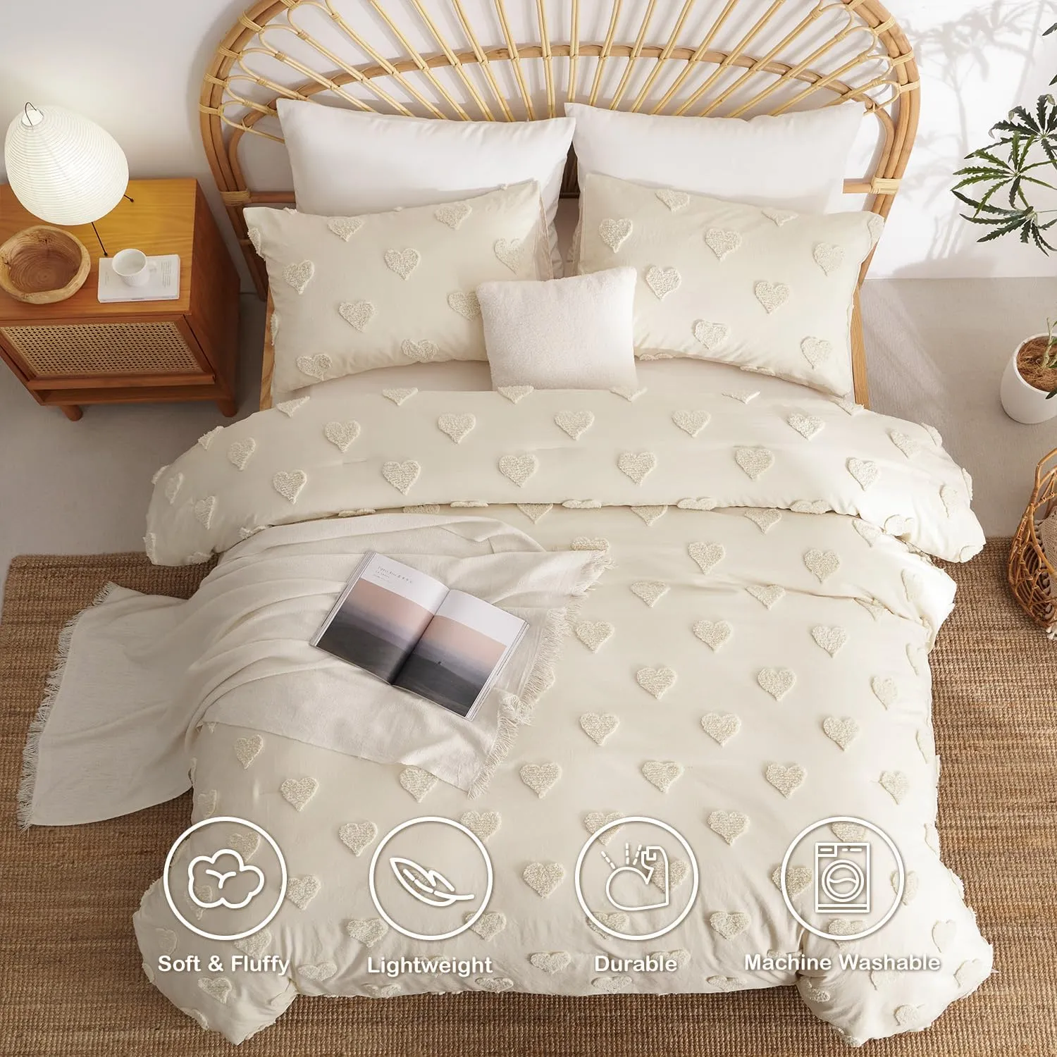 Nayoroom Boho Comforter Set Queen Size Beige Heart Tufted Textured Comforter, 3 Pcs Farmhouse Shabby Chic Aesthetic Bedding, Soft Microfiber Bed Set for All Seasons (1 Comforter, 2 Pillow Shams)