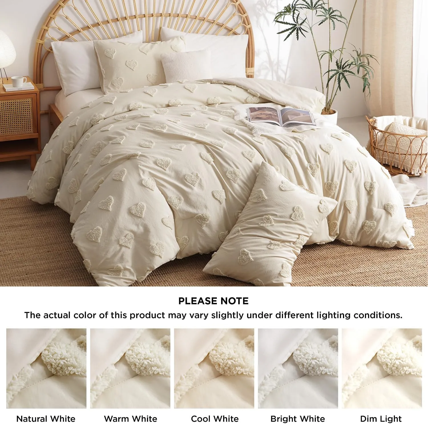 Nayoroom Boho Comforter Set Queen Size Beige Heart Tufted Textured Comforter, 3 Pcs Farmhouse Shabby Chic Aesthetic Bedding, Soft Microfiber Bed Set for All Seasons (1 Comforter, 2 Pillow Shams)