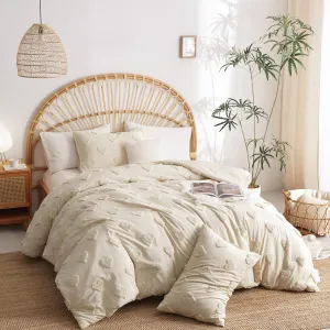 Nayoroom Boho Comforter Set Queen Size Beige Heart Tufted Textured Comforter, 3 Pcs Farmhouse Shabby Chic Aesthetic Bedding, Soft Microfiber Bed Set for All Seasons (1 Comforter, 2 Pillow Shams)