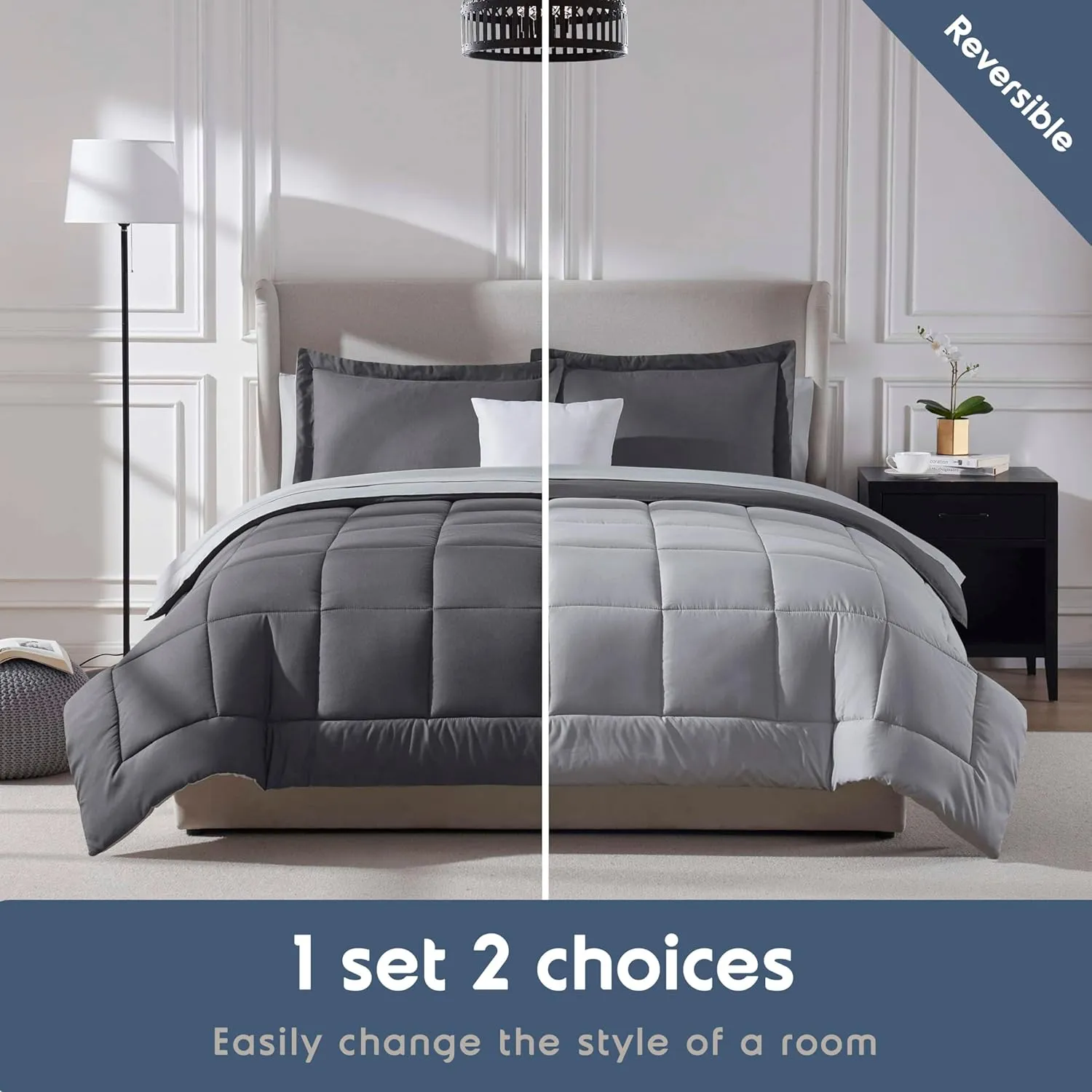 Nestl Queen Comforter Set 7 Piece - Reversible Comforters Queen Size Dark Grey, Bed in a Bag Queen All Season, Queen Size Comforter Sets Bedding with Flat Sheet, Fitted Sheet, Pillowcases and Shams