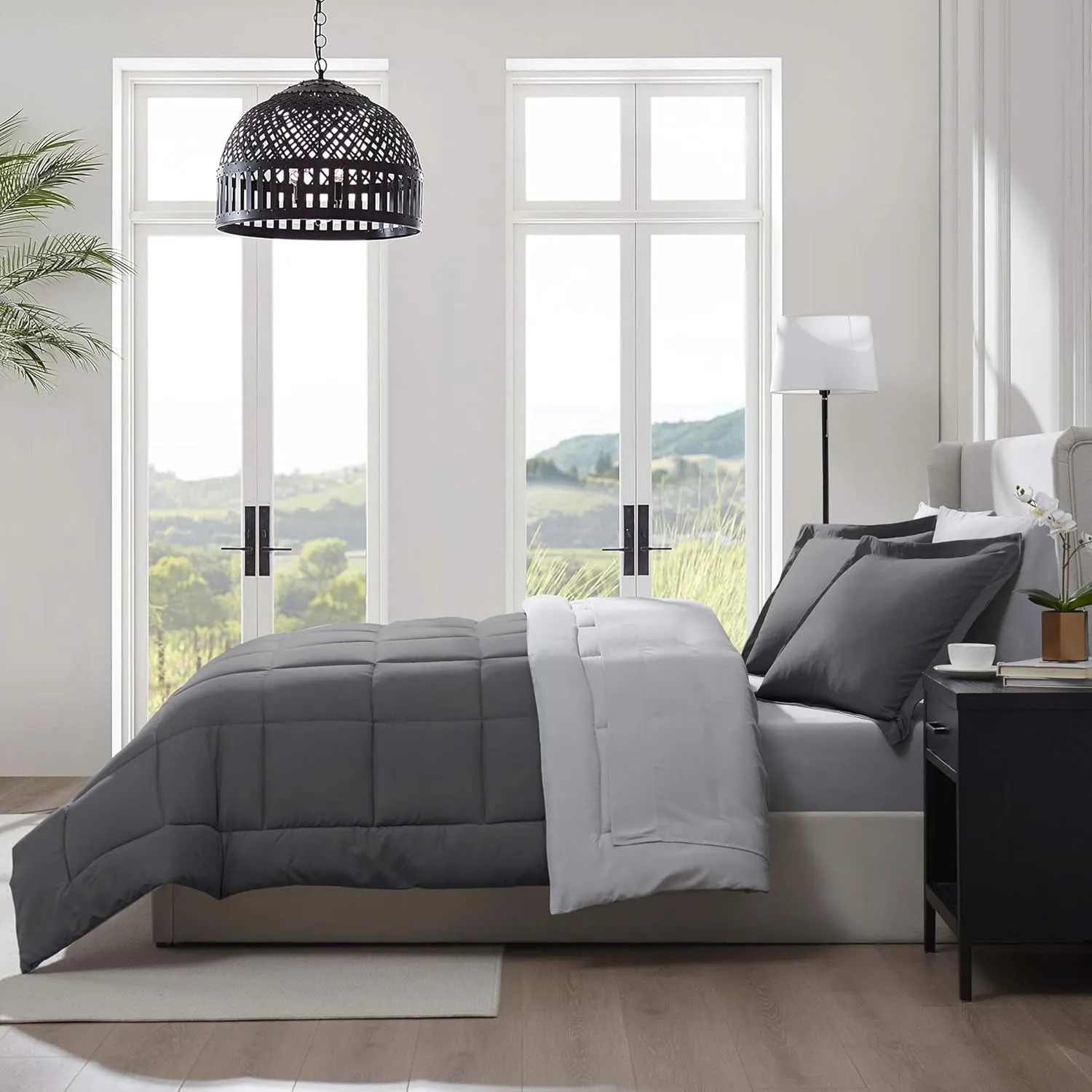 Nestl Queen Comforter Set 7 Piece - Reversible Comforters Queen Size Dark Grey, Bed in a Bag Queen All Season, Queen Size Comforter Sets Bedding with Flat Sheet, Fitted Sheet, Pillowcases and Shams
