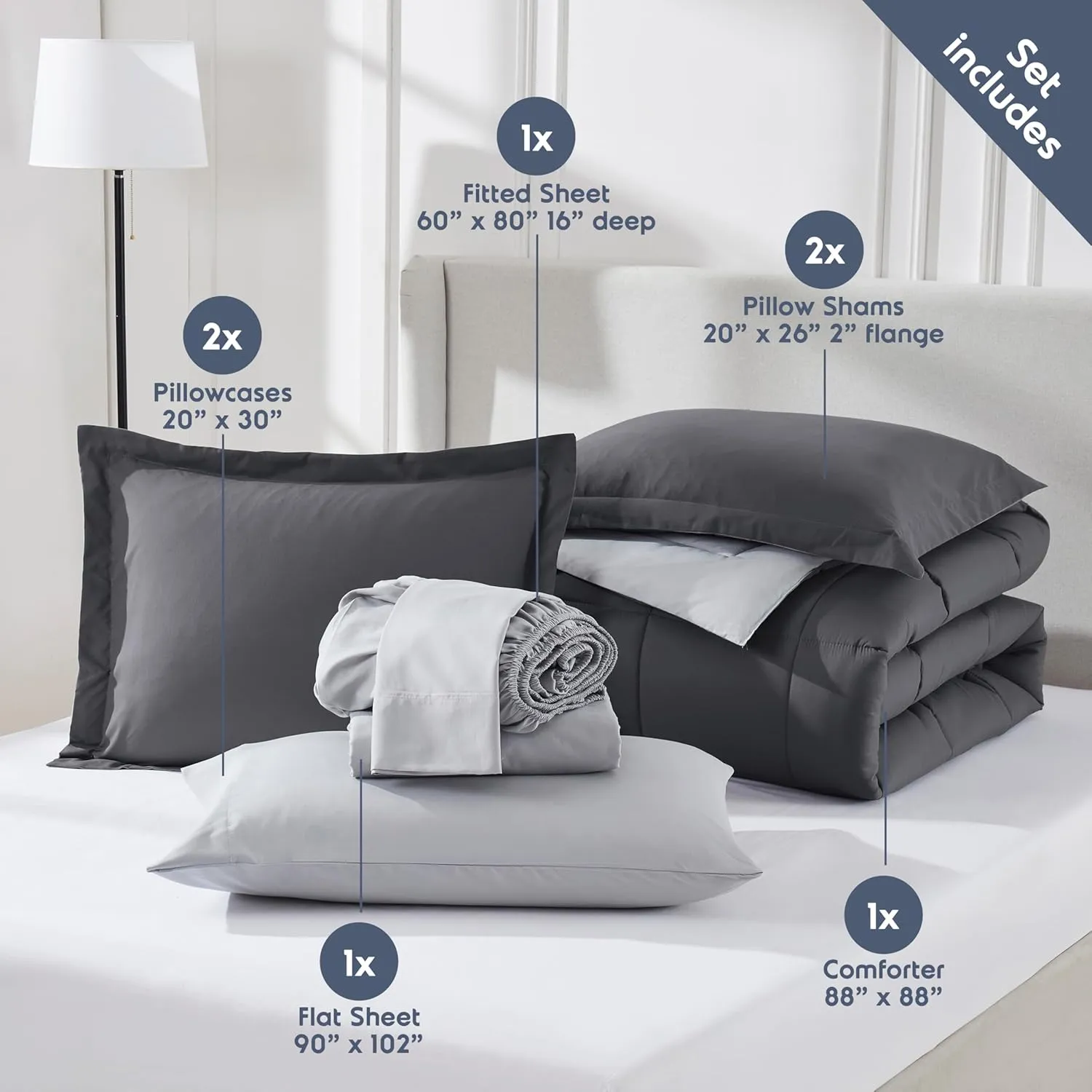 Nestl Queen Comforter Set 7 Piece - Reversible Comforters Queen Size Dark Grey, Bed in a Bag Queen All Season, Queen Size Comforter Sets Bedding with Flat Sheet, Fitted Sheet, Pillowcases and Shams