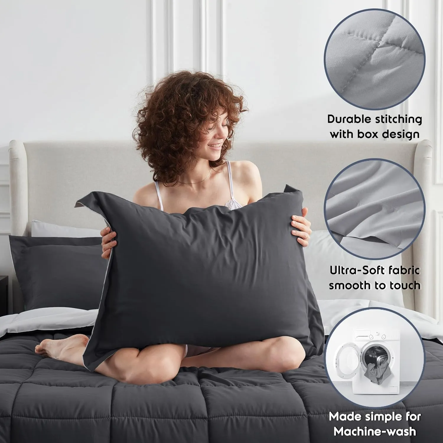 Nestl Queen Comforter Set 7 Piece - Reversible Comforters Queen Size Dark Grey, Bed in a Bag Queen All Season, Queen Size Comforter Sets Bedding with Flat Sheet, Fitted Sheet, Pillowcases and Shams