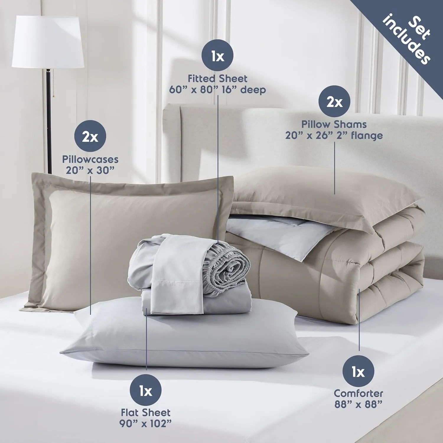 Nestl Queen Comforter Set 7 Piece - Reversible Comforters Queen Size Linen, Bed in a Bag Queen All Season, Queen Size Comforter Sets Bedding with Flat Sheet and Fitted Sheet, Pillowcases and Shams