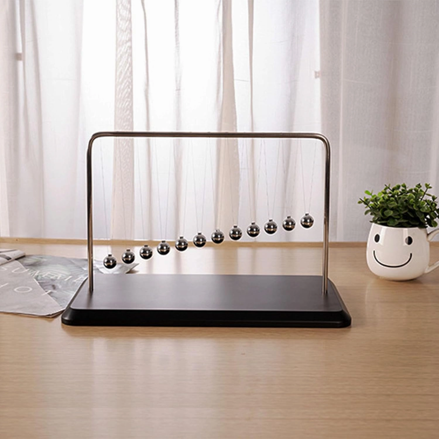 Newtons Cradle Balance Balls Office Decorations for Work Science Physics Gadget Wooden Base Pendelum Balls Desk Decor Swinging Kinetic Motion Toy Cool Desk & Office Accessories (12 Beads)
