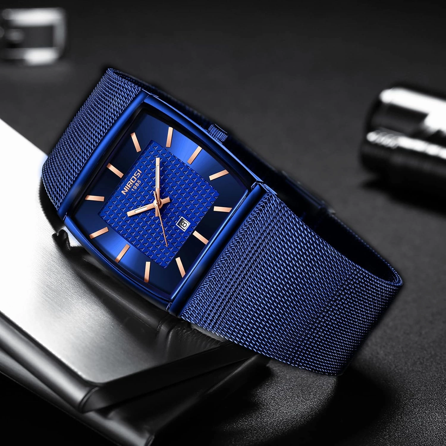 NIBOSI Men Watches Business Square Military Waterproof Sport Analog Quartz Wrist Watch for Men with Stainless Steel Mesh Strap Date Calendar