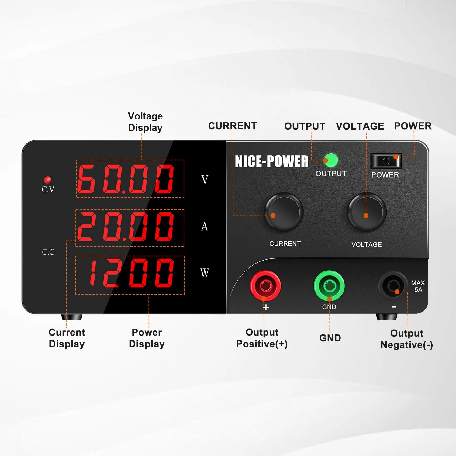 NICE-POWER DC Power Supply Variable, 0-60V 0-20A 1200W High Power Bench Power Supply with Encoder Knob & Output Switch, Benchtop Adjustable Switching Regulated Power Supplies for Repair/Test
