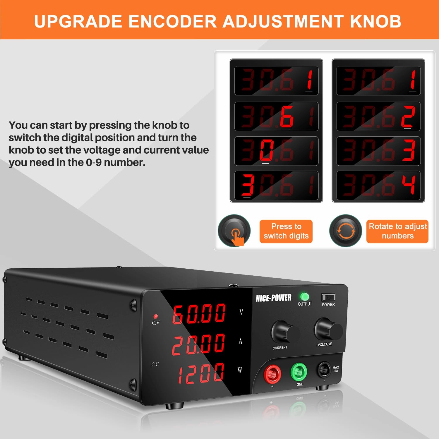 NICE-POWER DC Power Supply Variable, 0-60V 0-20A 1200W High Power Bench Power Supply with Encoder Knob & Output Switch, Benchtop Adjustable Switching Regulated Power Supplies for Repair/Test