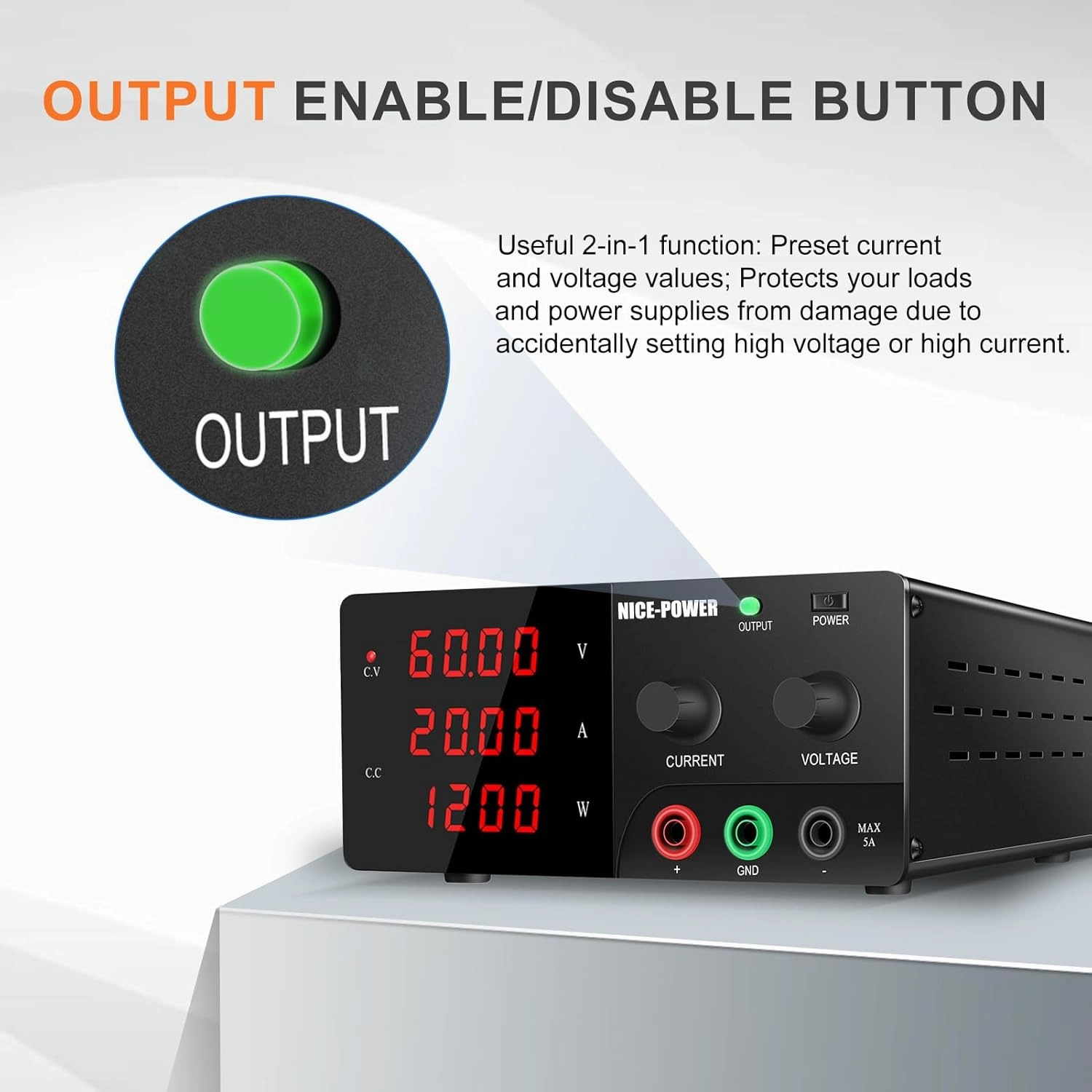 NICE-POWER DC Power Supply Variable, 0-60V 0-20A 1200W High Power Bench Power Supply with Encoder Knob & Output Switch, Benchtop Adjustable Switching Regulated Power Supplies for Repair/Test