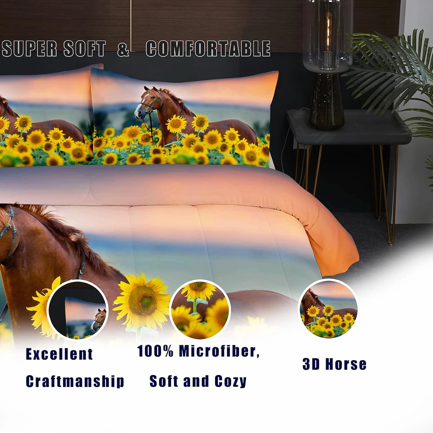 NINENINE Horse Comforter Bedding Set Twin for Boys Teens,Horse Walking Among Sunflowers Pattern Printed Bedding Set,Sunflower Comforter Set,Soft Microfiber Quilt Set with Matching Pillowcase#5002