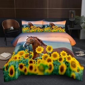 NINENINE Horse Comforter Bedding Set Twin for Boys Teens,Horse Walking Among Sunflowers Pattern Printed Bedding Set,Sunflower Comforter Set,Soft Microfiber Quilt Set with Matching Pillowcase#5002