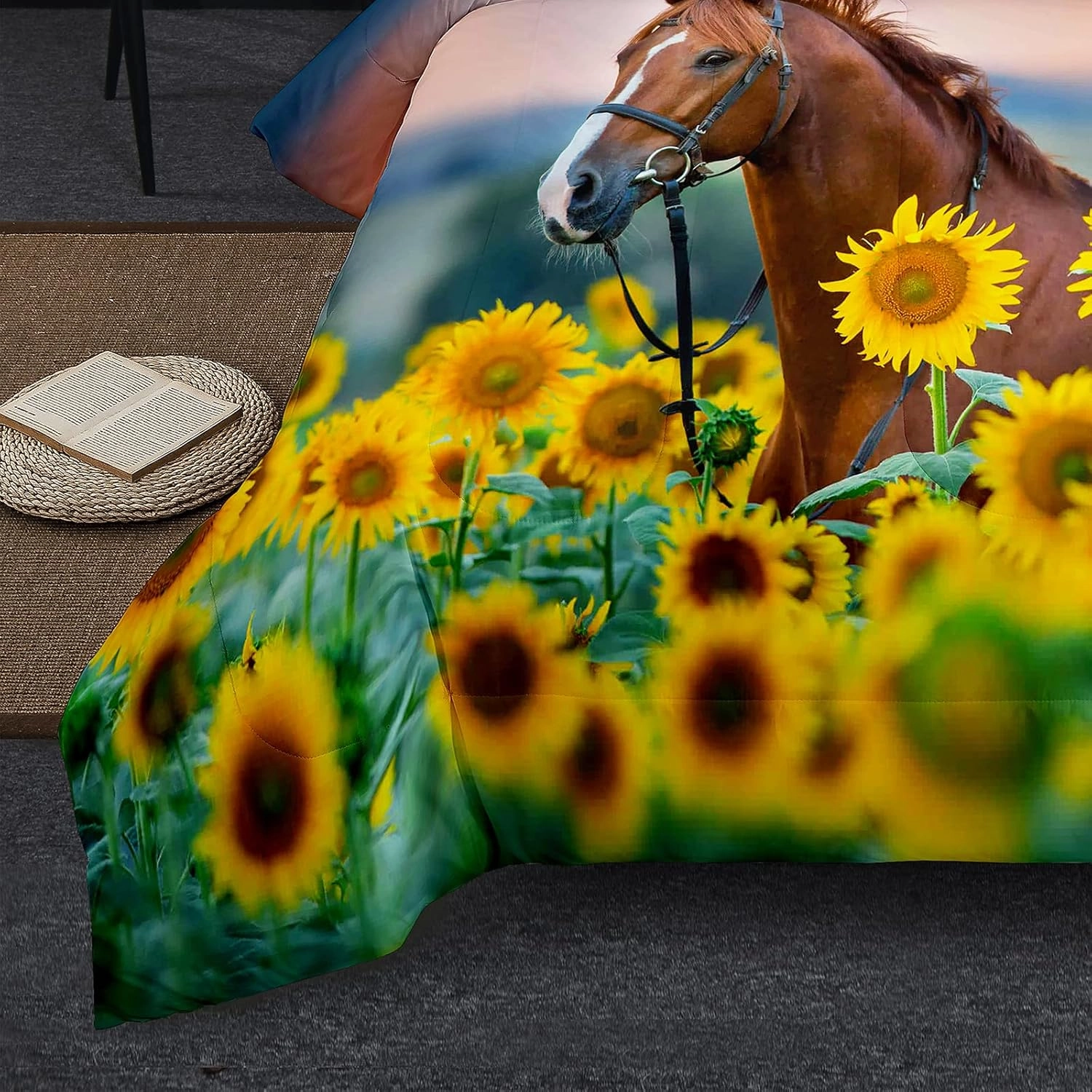 NINENINE Horse Comforter Bedding Set Twin for Boys Teens,Horse Walking Among Sunflowers Pattern Printed Bedding Set,Sunflower Comforter Set,Soft Microfiber Quilt Set with Matching Pillowcase#5002