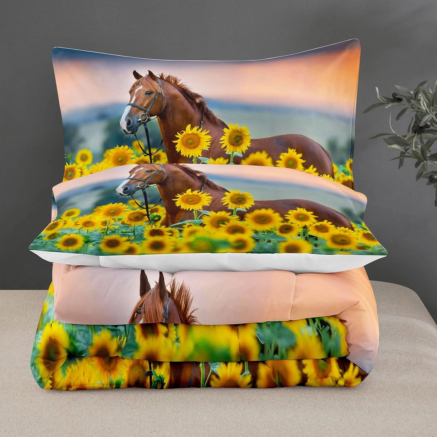NINENINE Horse Comforter Bedding Set Twin for Boys Teens,Horse Walking Among Sunflowers Pattern Printed Bedding Set,Sunflower Comforter Set,Soft Microfiber Quilt Set with Matching Pillowcase#5002