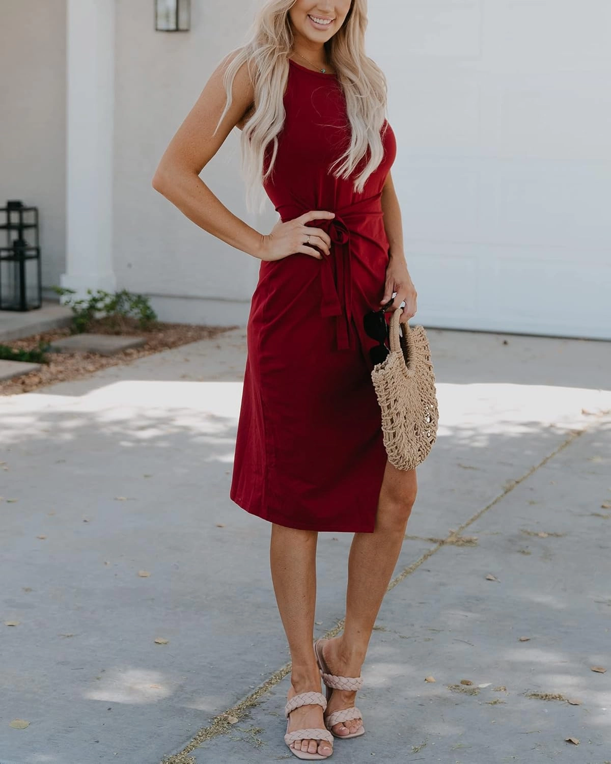 NOLLSOM Women Casual Sleeveless Striped Tank Midi Dresses Halter Neck Ruched Bodycon Dresses Tie Waist T Shirt Summer Dress