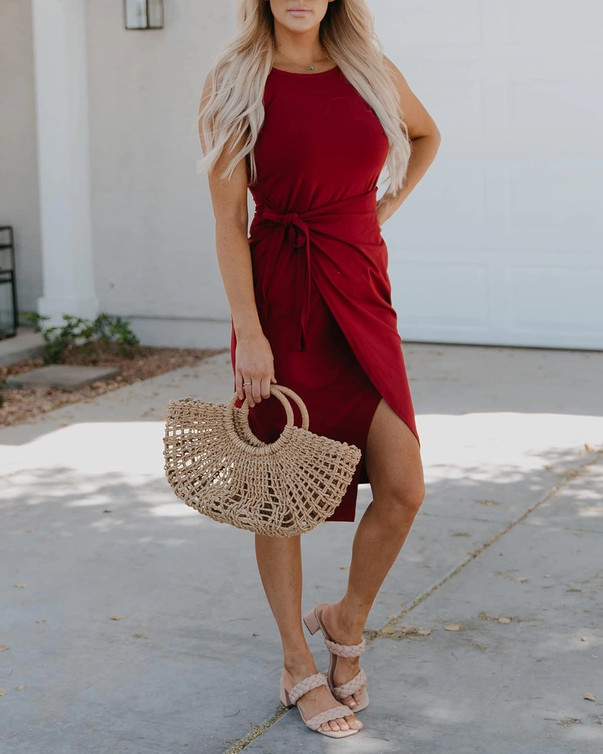 NOLLSOM Women Casual Sleeveless Striped Tank Midi Dresses Halter Neck Ruched Bodycon Dresses Tie Waist T Shirt Summer Dress
