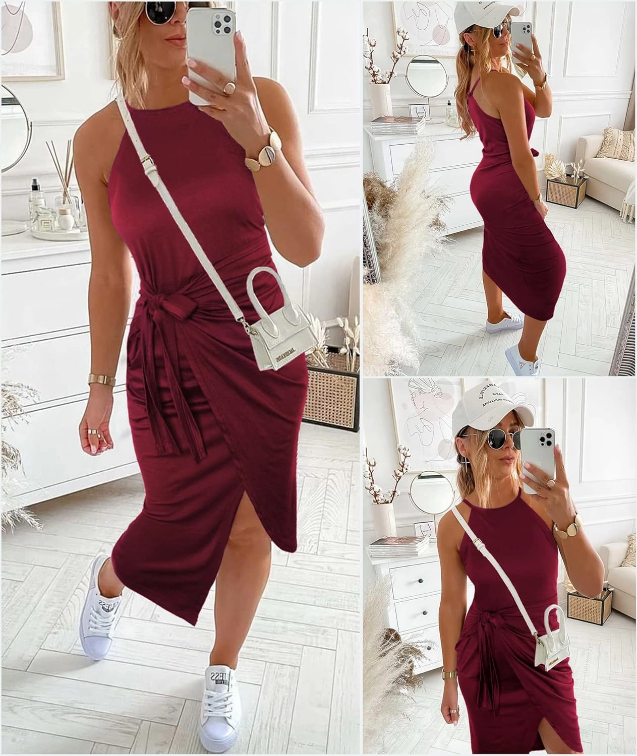 NOLLSOM Women Casual Sleeveless Striped Tank Midi Dresses Halter Neck Ruched Bodycon Dresses Tie Waist T Shirt Summer Dress