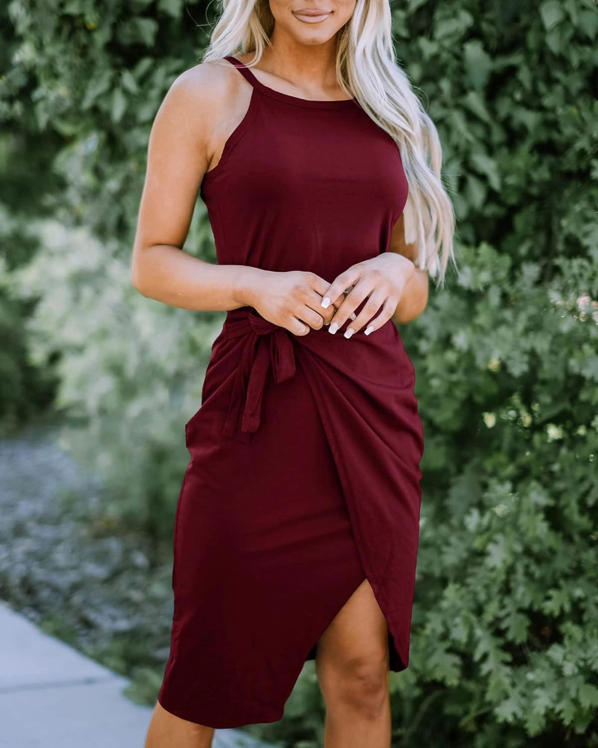 NOLLSOM Women Casual Sleeveless Striped Tank Midi Dresses Halter Neck Ruched Bodycon Dresses Tie Waist T Shirt Summer Dress