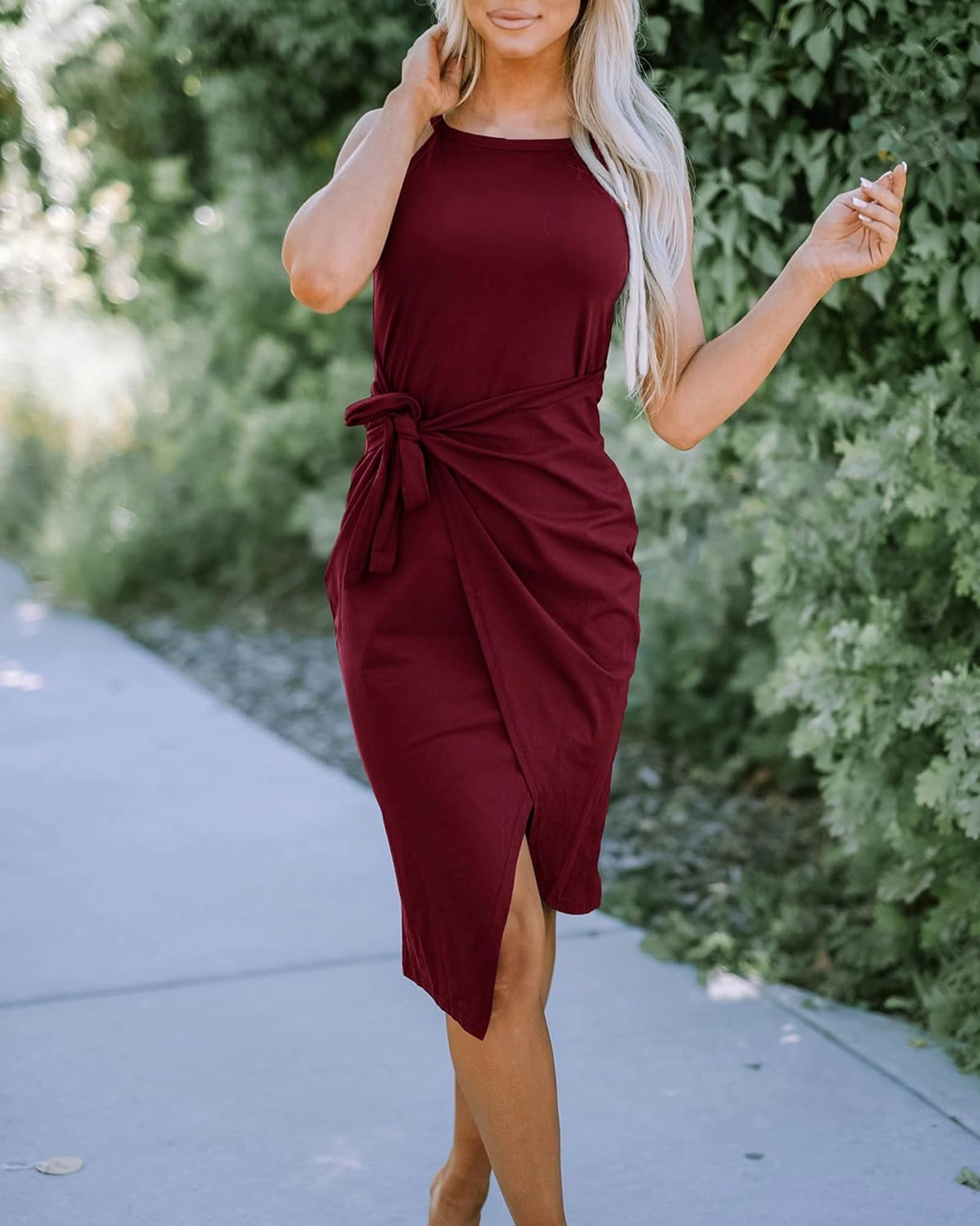 NOLLSOM Women Casual Sleeveless Striped Tank Midi Dresses Halter Neck Ruched Bodycon Dresses Tie Waist T Shirt Summer Dress