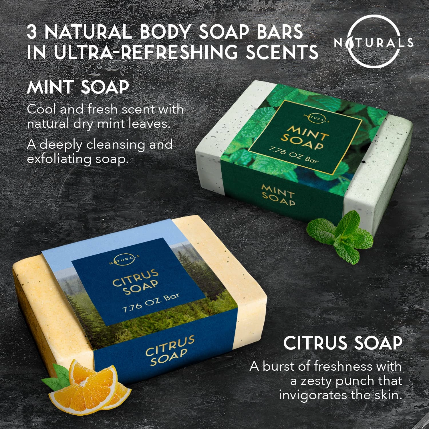 O Naturals Bar Soap for Men - 3-Pcs Mens Soap Bar - Natural Soap - Mens Bar Soap - Body Soap Bars - Men Soap - Natural Soap for Men - Organic Men's Soap Bars - Exfoliating Soap Bar - Citrus,Olive&Mint