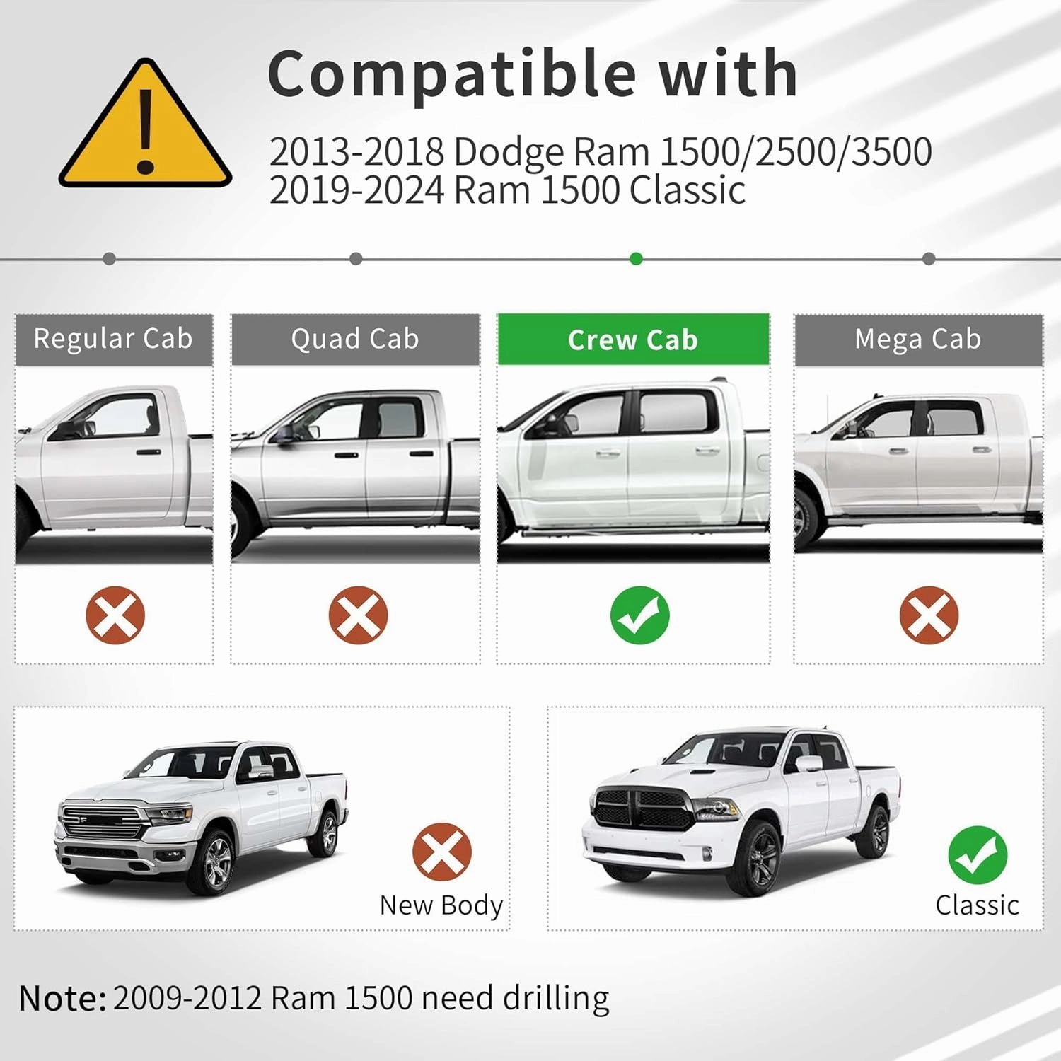 OEDRO Floor Mats Fit for 2013-2018 Dodge Ram 1500/2500/3500 & 2019-2024 Ram 1500 Classic (NOT for New Body) with 1st Bench Seats, 2 Row Liner Set (Over-Hump Front & 2nd Seat), Crew Cab ONLY