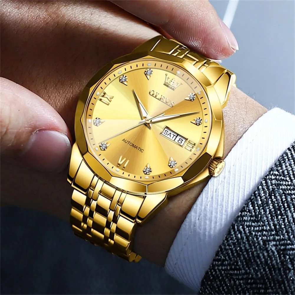 OLEVS Watch for Men Automatic Classic Mechanical Watch Diamond Mirror Stainless Steel Dress Casual Waterproof Day/Date Calendar