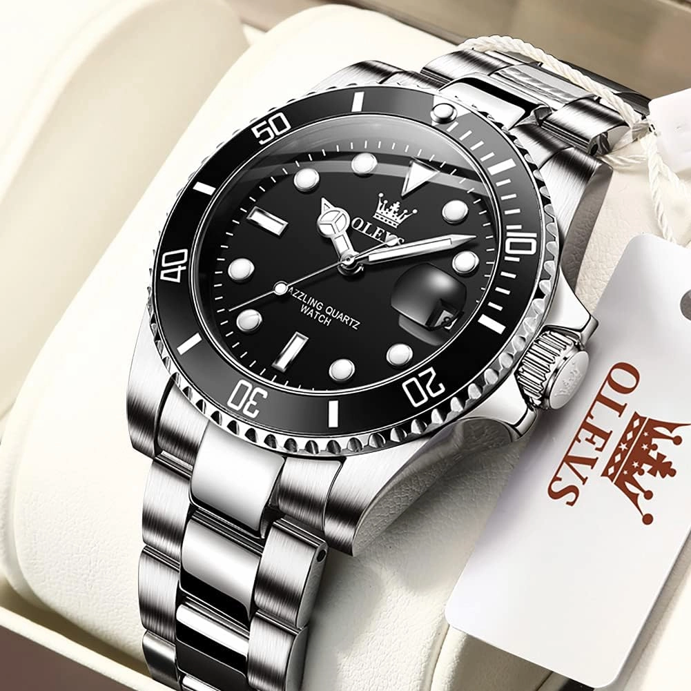 OLEVS Mens Watches, Silver Dress Gold Classic Luxury Big Large Face Waterproof Watches for Men, Analog Two Tone Stainless Steel Men Wrist Watch with Date Relojes De Hombre (Green/Blue/Black Dial