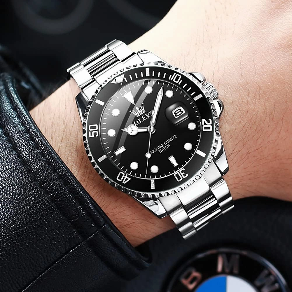 OLEVS Mens Watches, Silver Dress Gold Classic Luxury Big Large Face Waterproof Watches for Men, Analog Two Tone Stainless Steel Men Wrist Watch with Date Relojes De Hombre (Green/Blue/Black Dial