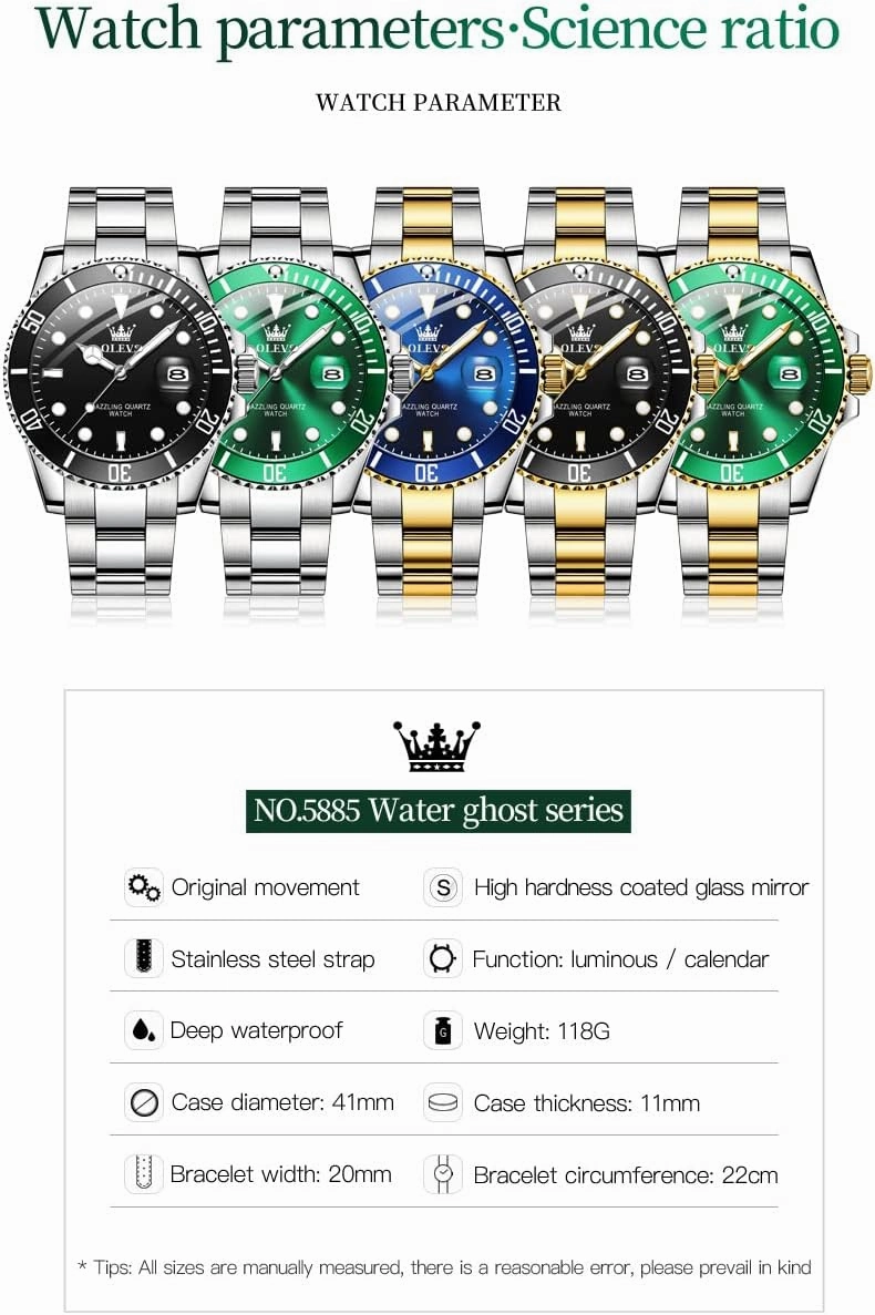OLEVS Mens Watches, Silver Dress Gold Classic Luxury Big Large Face Waterproof Watches for Men, Analog Two Tone Stainless Steel Men Wrist Watch with Date Relojes De Hombre (Green/Blue/Black Dial