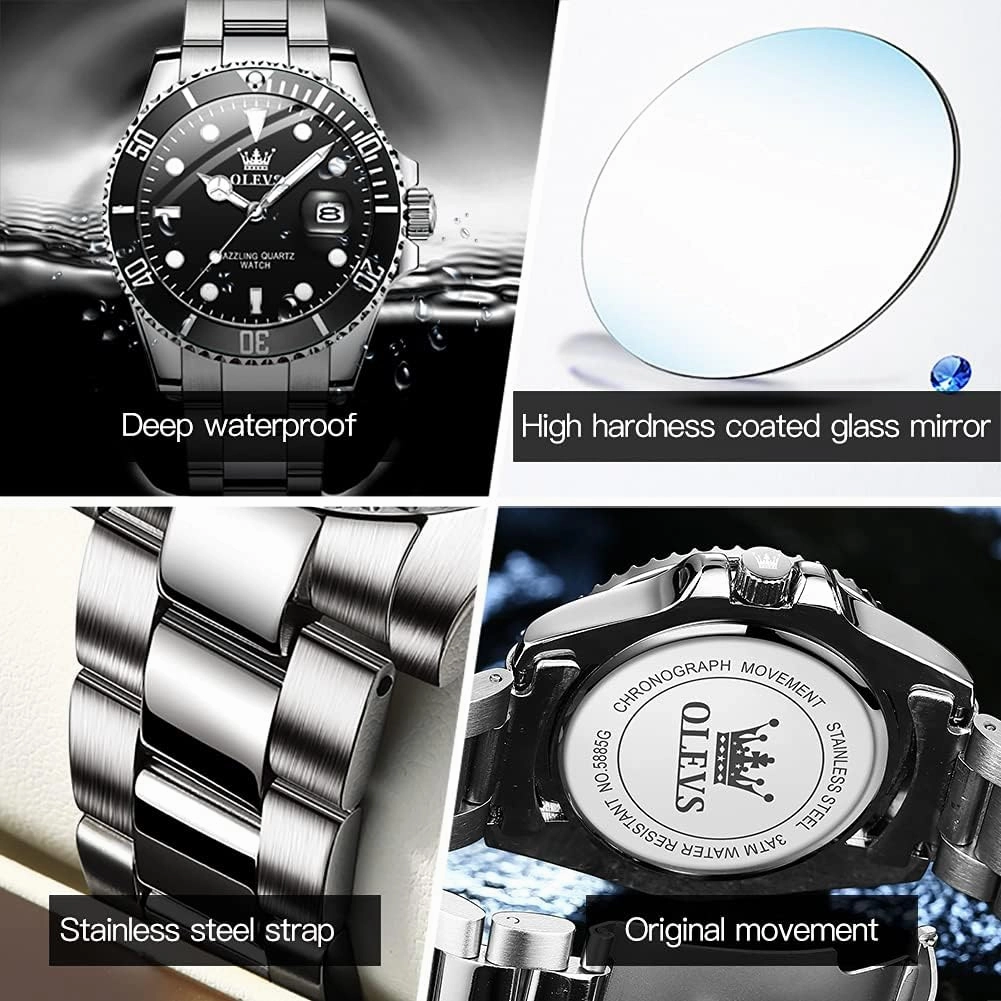 OLEVS Mens Watches, Silver Dress Gold Classic Luxury Big Large Face Waterproof Watches for Men, Analog Two Tone Stainless Steel Men Wrist Watch with Date Relojes De Hombre (Green/Blue/Black Dial