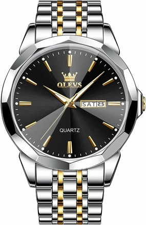 OLEVS Watch for Men Diamond Business Dress Analog Quartz Stainless Steel Waterproof Luminous Date Two Tone Luxury Casual Wrist Watch