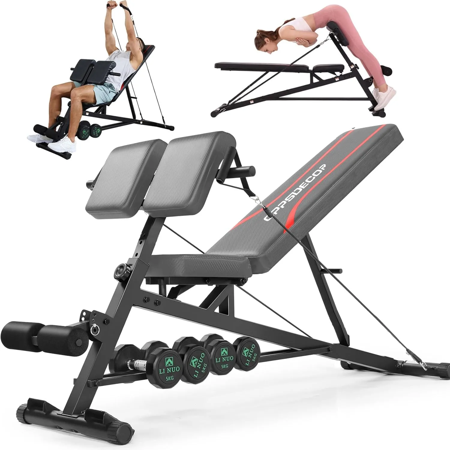 OPPSDECOR Adjustable Weight Bench with Hyper Back Extension, Preacher Curl, Roman Chair, Ab Sit up Bench for Full Body Workout, 900LBS Workout Bench, All-in-One Bench Press for Home Gym Equipment