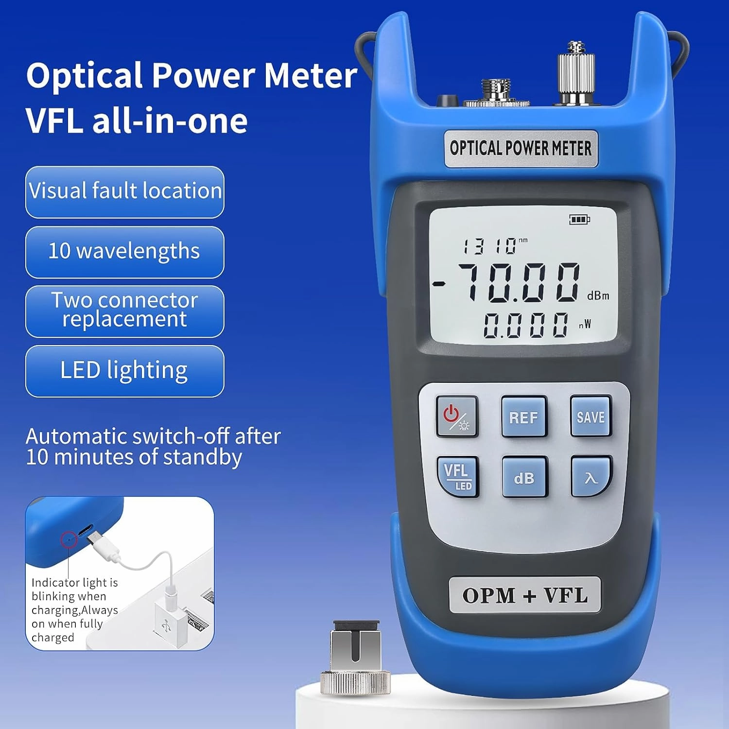 Optical Power Meter A-C710B-50MW(-70~ 10dBm) Rechargeable Fiber Power Meter Suitable for SC/FC/ST2.5MM Universal Interface with Built-in 50MW Visual Fault Locator Equipped with 1 FC-LC Adapter