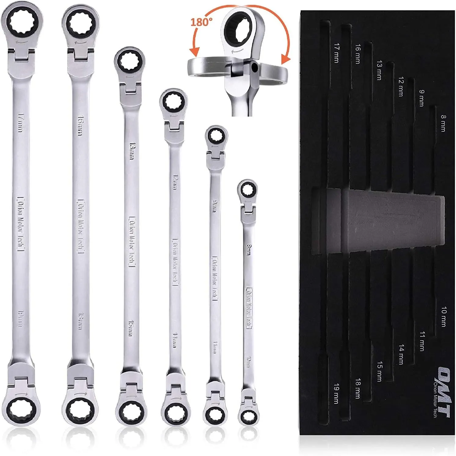 Orion Motor Tech 6-Piece Metric 8mm - 19mm Extra Long Gear Ratcheting Wrench Set XL Extended Handle with Flex Head, 8mm 9mm 10mm 11mm 12mm 13mm 14mm 15mm 16mm 17mm 18mm 19mm - 6pcs & 12 Sizes