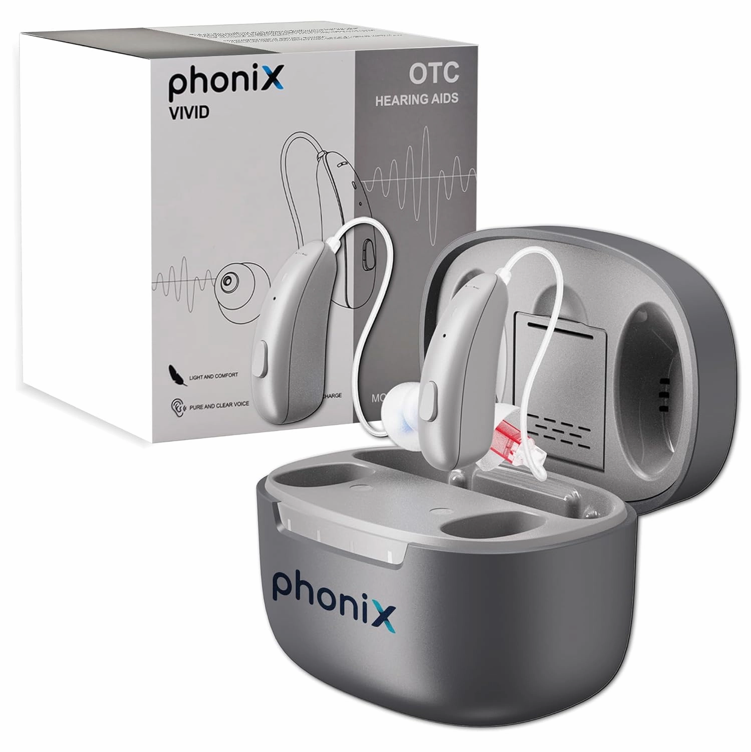 OTC Hearing Aids - Phonix Vivid Noise Cancelling Hearing Aids with 4 Adaptive Programs - Lightweight, Comfortable, & Rechargeable RIC Amplifier for Adults & Veterans