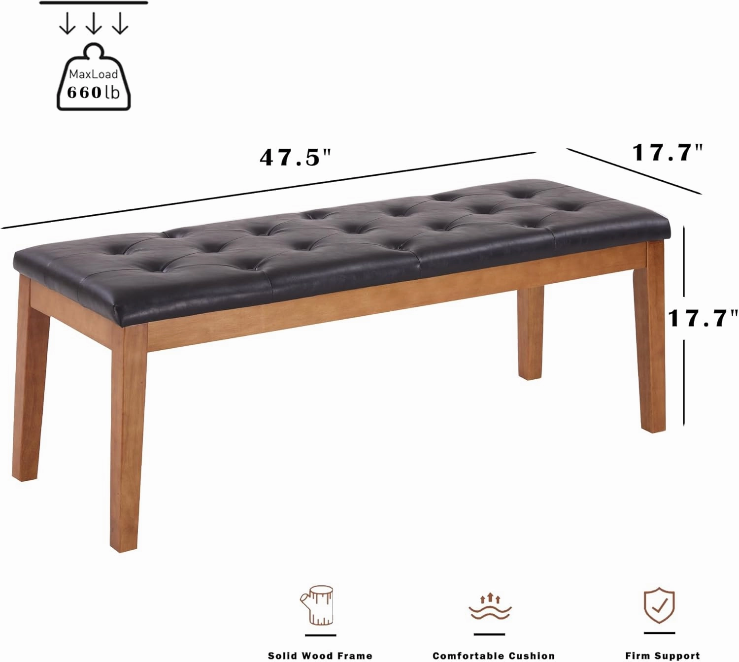 Ottoman Bench Upholstered Padded Seat with Solid Wood Legs and Button-Tufted, Big Oversized Ottoman, Faux Leather Cognac Brown