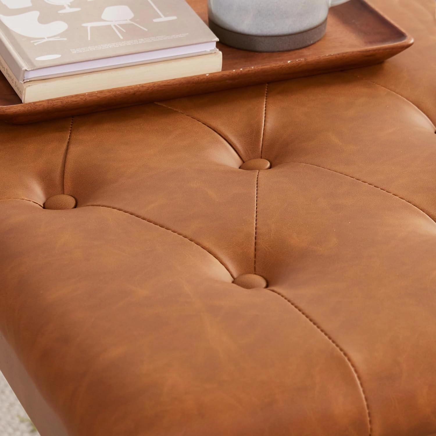 Ottoman Bench Upholstered Padded Seat with Solid Wood Legs and Button-Tufted, Big Oversized Ottoman, Faux Leather Cognac Brown