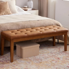 Ottoman Bench Upholstered Padded Seat with Solid Wood Legs and Button-Tufted, Big Oversized Ottoman, Faux Leather Cognac Brown