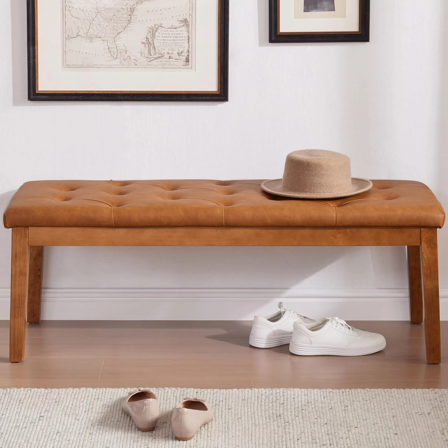 Ottoman Bench Upholstered Padded Seat with Solid Wood Legs and Button-Tufted, Big Oversized Ottoman, Faux Leather Cognac Brown