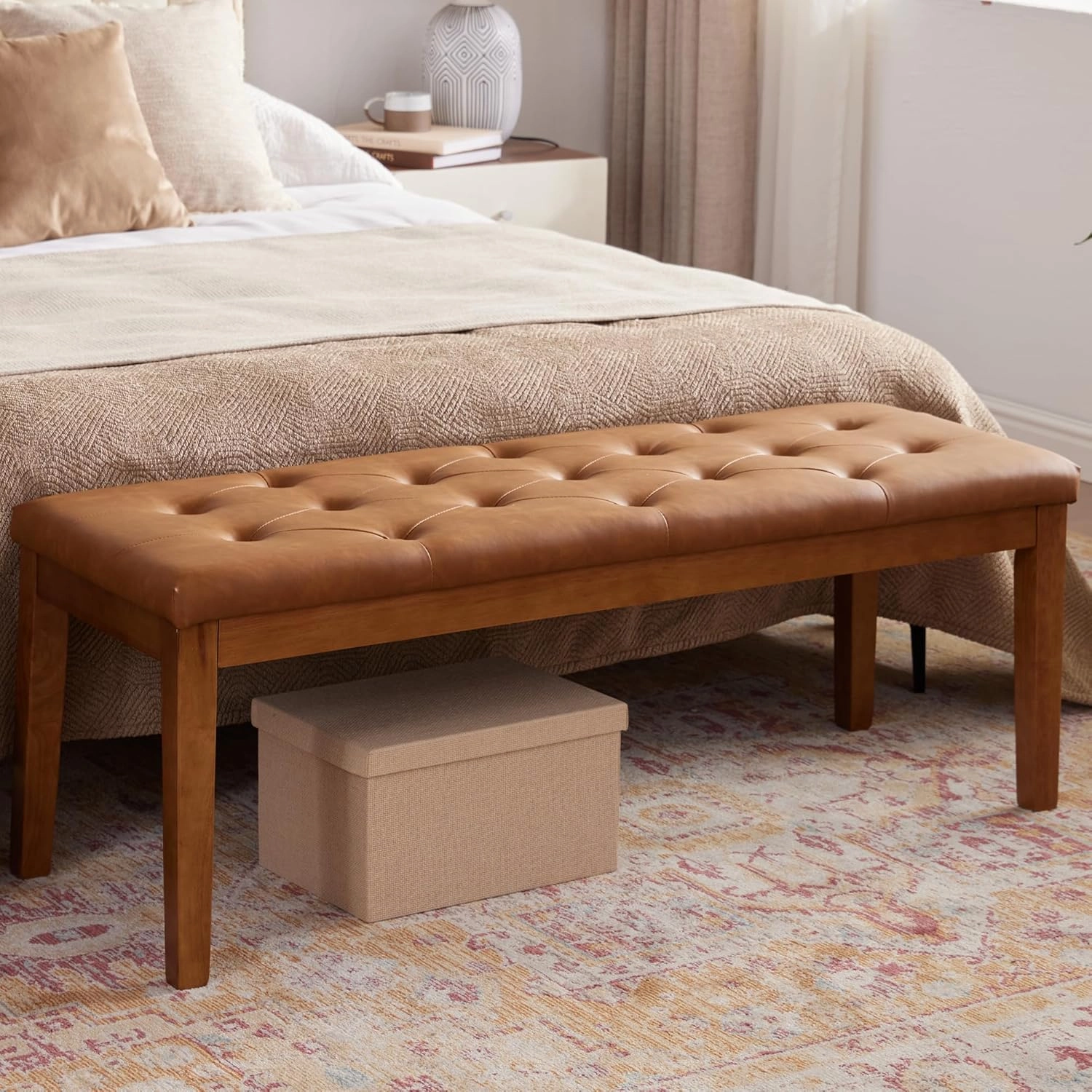 Ottoman Bench Upholstered Padded Seat with Solid Wood Legs and Button-Tufted, Big Oversized Ottoman, Faux Leather Cognac Brown