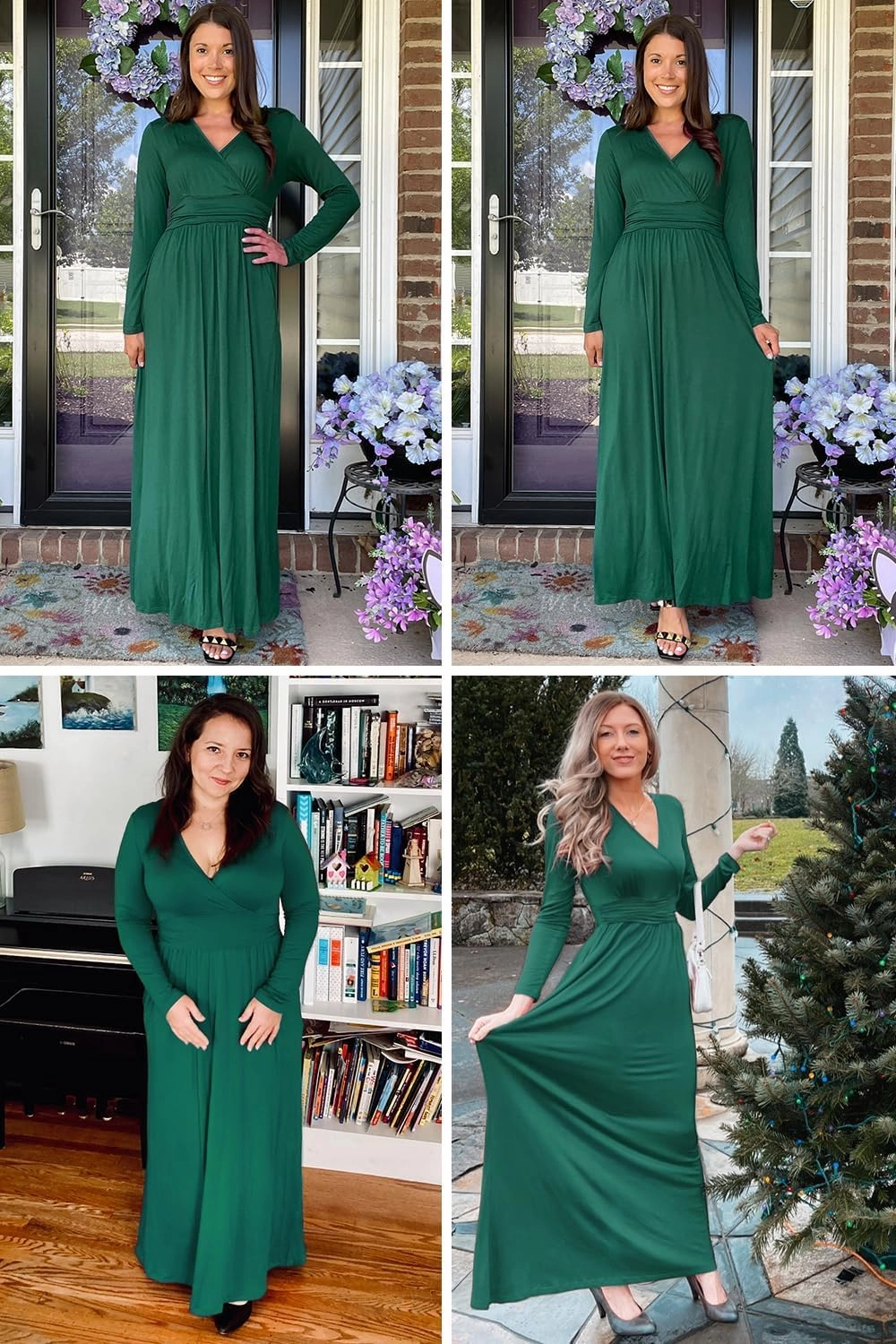 OUGES Women's Long/Short Sleeve V-Neck Wrap Waist Maxi Dress