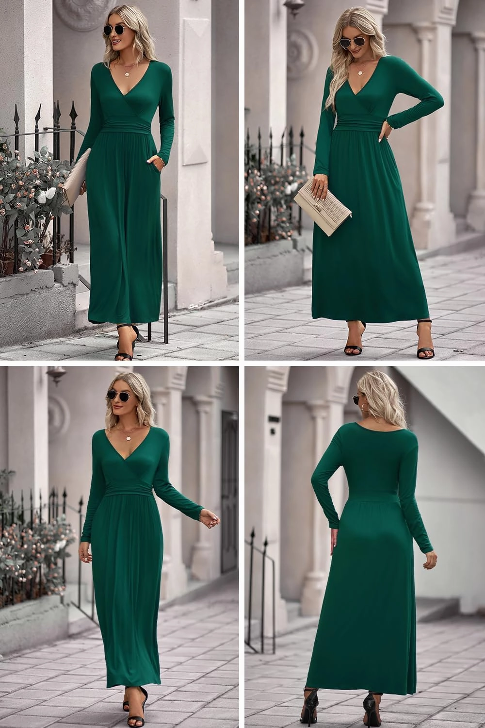 OUGES Women's Long/Short Sleeve V-Neck Wrap Waist Maxi Dress