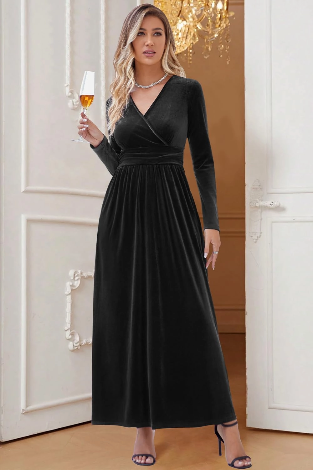 OUGES Women's Long/Short Sleeve V-Neck Wrap Waist Maxi Dress