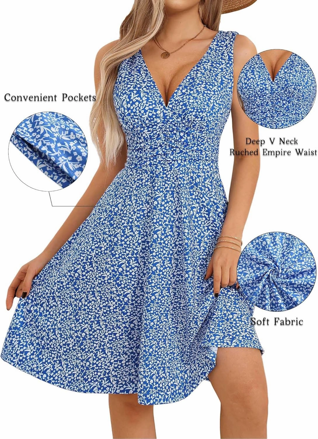 OURIN Women's Spring Deep V Neck Sleeveless Floral Sundresses with Pockets Flowy Summer Dresses for Women 2025