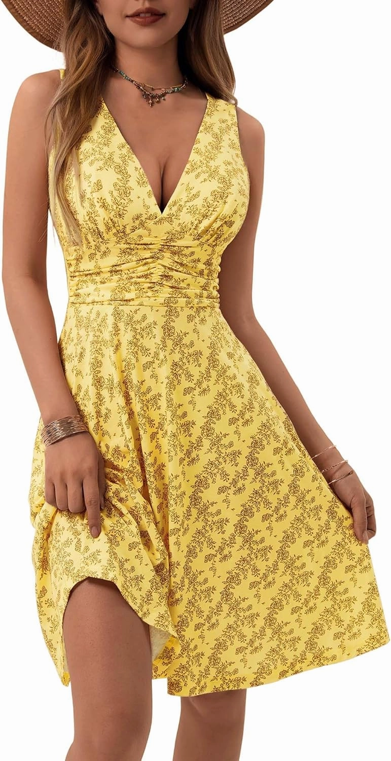 OURIN Women's Spring Deep V Neck Sleeveless Floral Sundresses with Pockets Flowy Summer Dresses for Women 2025