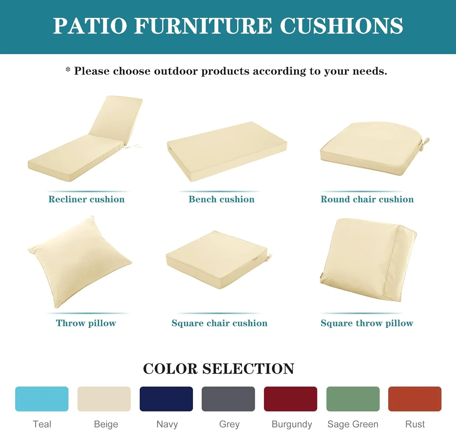 Outdoor Cushions for Patio Furniture, Waterproof Fade and Tear Resistant Deep Seat and Backrest Cushion Set for Chair Couch Swing, 19x19 Inch, Beige, 1 Set