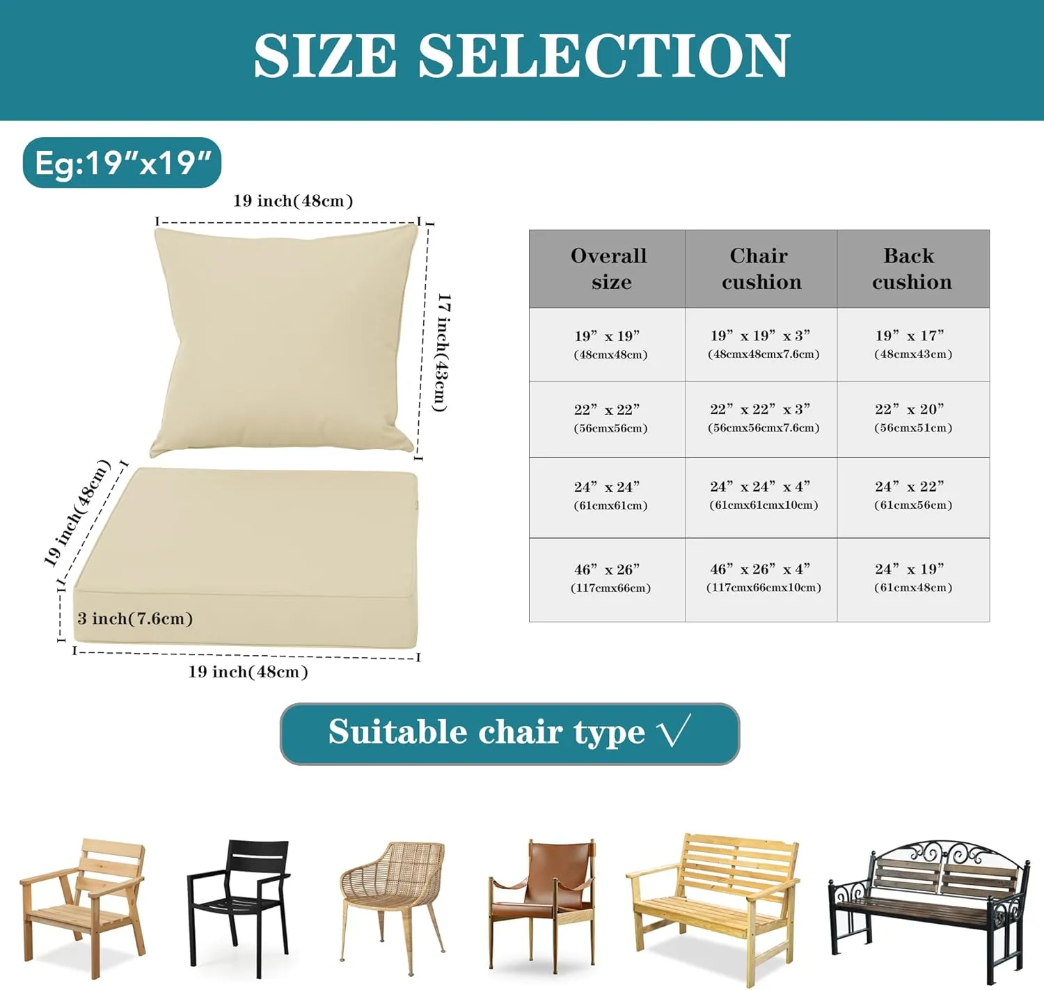 Outdoor Cushions for Patio Furniture, Waterproof Fade and Tear Resistant Deep Seat and Backrest Cushion Set for Chair Couch Swing, 19x19 Inch, Beige, 1 Set