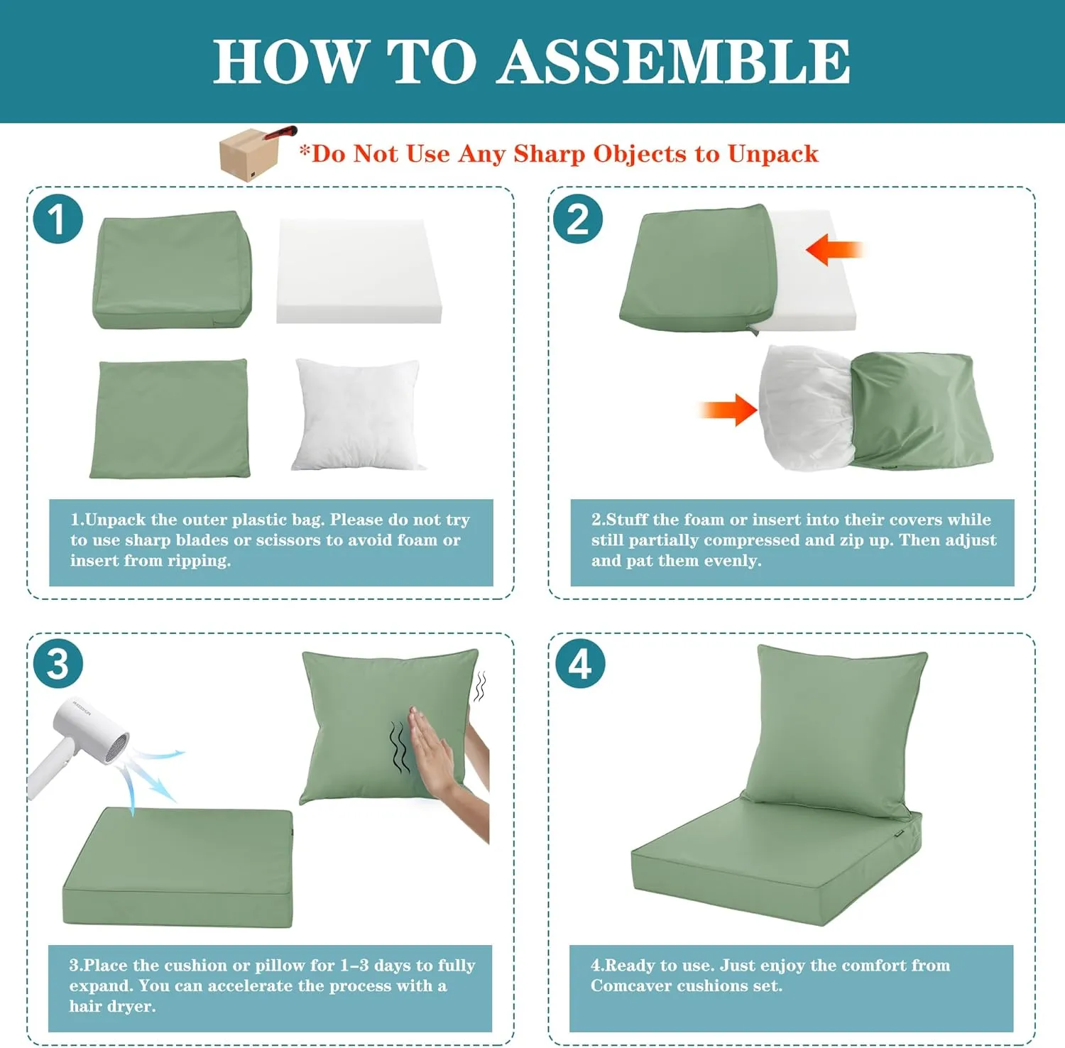 Outdoor Cushions for Patio Furniture, Waterproof Fade and Tear Resistant Deep Seat and Backrest Cushion Set for Chair Couch Swing, 22x22 Inch, Sage Green, 1 Set