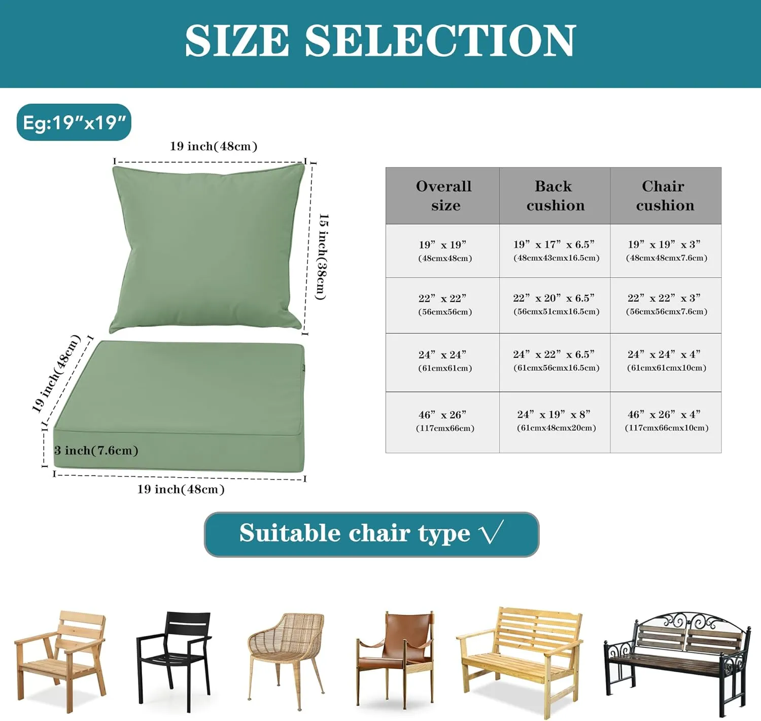 Outdoor Cushions for Patio Furniture, Waterproof Fade and Tear Resistant Deep Seat and Backrest Cushion Set for Chair Couch Swing, 22x22 Inch, Sage Green, 1 Set